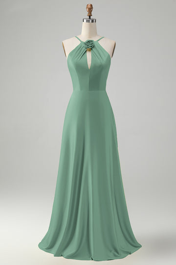 Halter A-Line Eucalyptus Cut Out Long Bridesmaid Dress with Flower